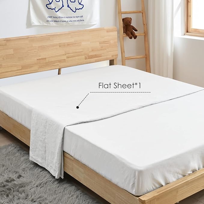 Sijo Stone Washed Organic French Linen Bed Sheet Set, GOTS Certified Organic, Best Cooling Linen Sheet Award by Sleep Foundation, 1 Flat Sheet Only (Snow, King/Cal King)