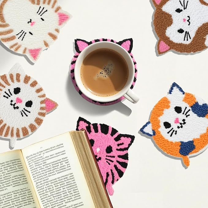 57lilina Punch Needle Coaster Kit for Adults Beginners, 6 Set Complete Animal Cat Punch Needle Stitching Embroidery Art Kit, Step-by-Step Guide Make Punch Needling Drink Coasters for Starter