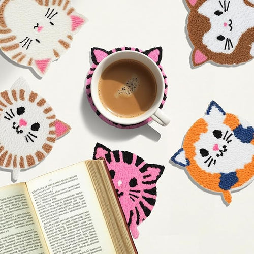 57lilina Punch Needle Coaster Kit for Adults Beginners, 6 Set Complete Animal Cat Punch Needle Stitching Embroidery Art Kit, Step-by-Step Guide Make Punch Needling Drink Coasters for Starter