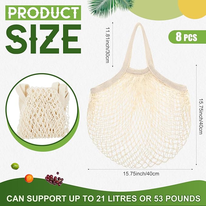 SATINIOR 8/16 Pcs Large Cotton Mesh Grocery Bags 16x16x12 Inch Reusable Cotton String Shopping Bag Beige Produce Container