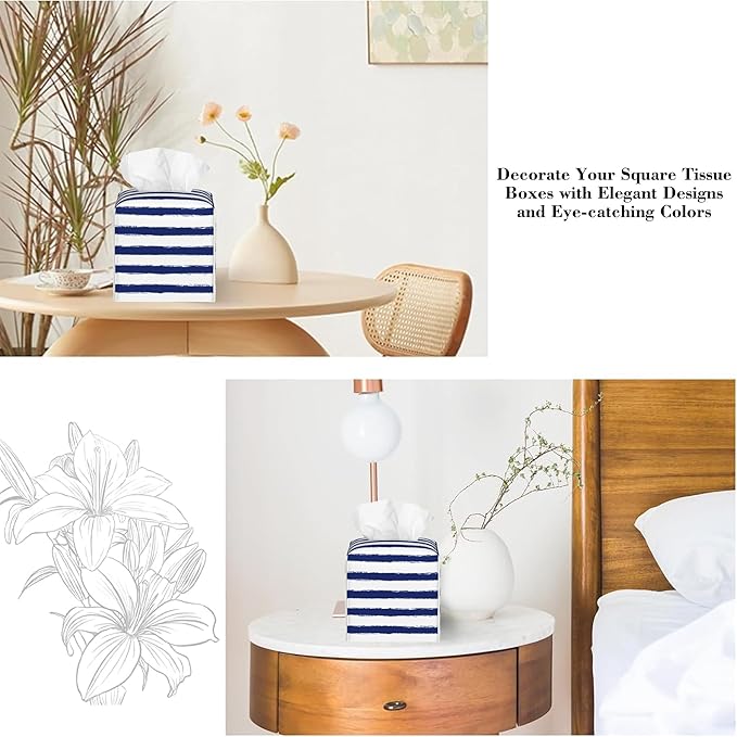 Navy Blue Stripes Tissue Box Cover,Color Horizontal Striped Waterproof Leather Square Tissue Box Cover Case Facial Paper Organizer Dispenser Box Holder for Home Office Bathroom Vanity Countertop