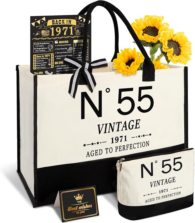 YeohJoy 55th Birthday Gifts for Women Canvas Tote Bag Travel Gear,Unique 55 Years Old Gifts for Wife Mom Sister Aunt Friends Her, Vintage N°55 Handbag & Cosmetic Bag & Back in 1971 Poster