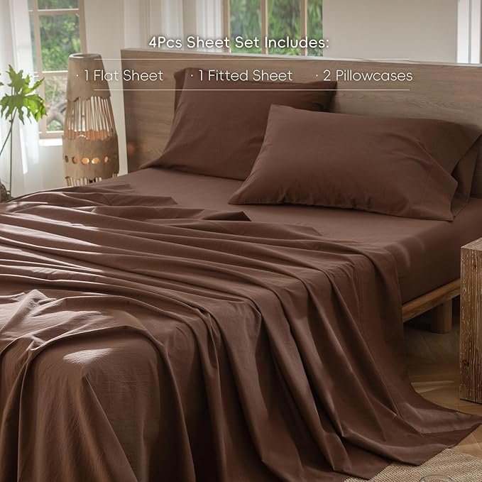 MooMee Bedding Sheet Set 100% Cotton Linen Like Textured Breathable Durable Soft Comfy (Solid Cocoa Brown, Queen)