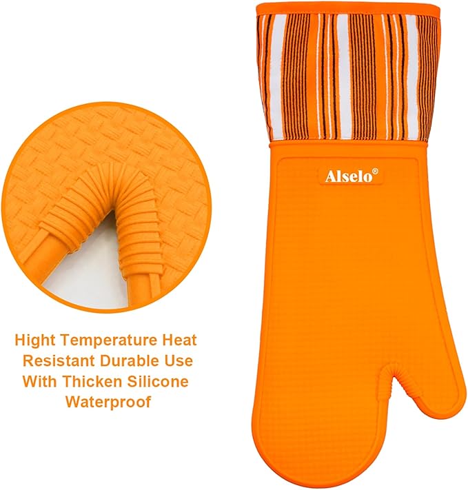 Oven Mitts Heat Resistant Silicone Kitchen Gloves for 550 Degrees with Waterproof and Non-Silp, Oven Gloves for Baking Cooking Barbecue Microwave Machine Washable (Extra Long Orange, 2)