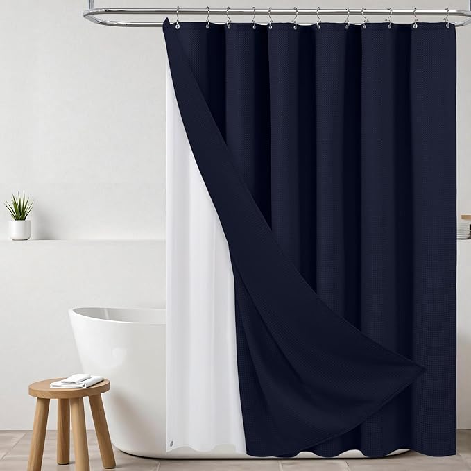 ROLIZOE 3-in-1 Waffle Texture Shower Curtain Set with TPU-Coated Waterproof Liner and 12 Upgraded Double-Sided Hooks, Well-Matched Sizes for a Seamless Fit – Navy Blue, 72" x 78"