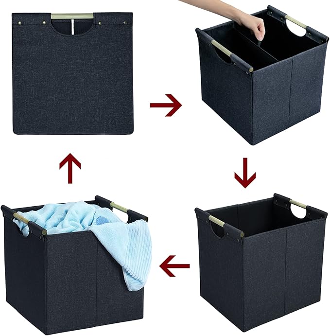 HOONEX Collapsible Storage Bins, 12x12x12in Storage Cubes Linen Fabric, 3 Pack, Storage Baskets with Wooden Carry Handles and Sturdy Heavy Cardboard, for Home, Office, Car, Nursery, Dark Grey
