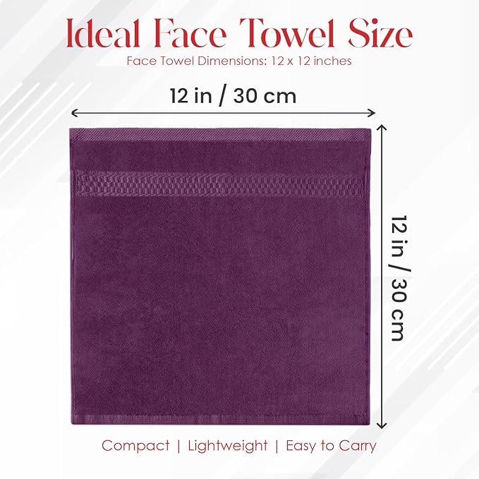 RIVERSIDE 12 Pack Premium 100% Cotton Face Wash Cloths, 12 x 12 Inches, Soft & Absorbent Face Towels for Bathroom Wash Clothes, 550 GSM, Luxury WashCloths for Showering, Body, Spa & Gym, Purple