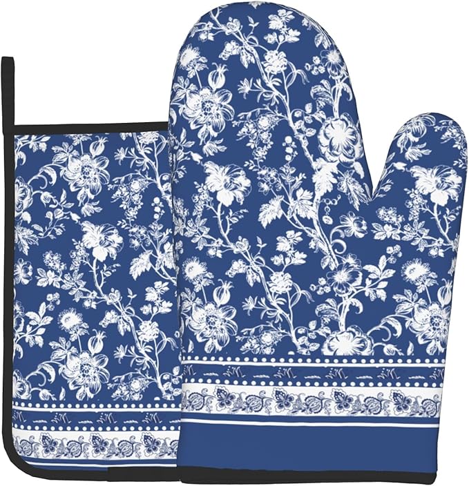 Blue White Floral Oven Mitts and Pot Holders Sets,Chinoiserie Oven Mitts for Kitchen Decor,Vintage Bohemian Style Heat Resistant Oven Glove Potholders for Baking Cooking BBQ