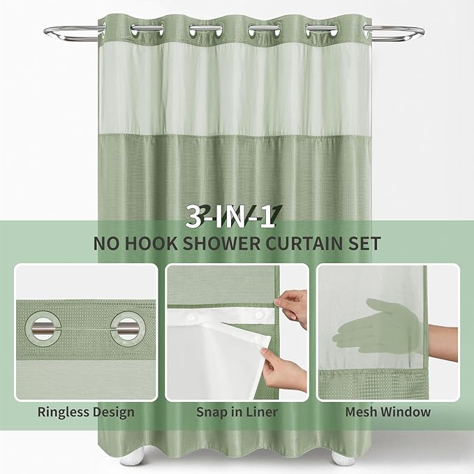 eachope Stall No Hook Shower Curtain with Snap-in Fabric Liner Set,Waffle Weave Shower Curtains for Bathroom,Hotel Luxury Decor Bathroom Curtain Set,Waterproof & Washable,Sage Green,54Wx80H