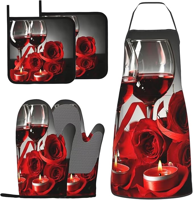 Rose Oven Mitts and Pot Holders with Apron Set of 5 Silicone Red Rose Wine Glass and Candle Kitchen Mitts and Non-Slip Potholders Apron Set Heat Resistant Oven Gloves Hot Pads for Cooking