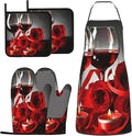 Rose Oven Mitts and Pot Holders with Apron Set of 5 Silicone Red Rose Wine Glass and Candle Kitchen Mitts and Non-Slip Potholders Apron Set Heat Resistant Oven Gloves Hot Pads for Cooking