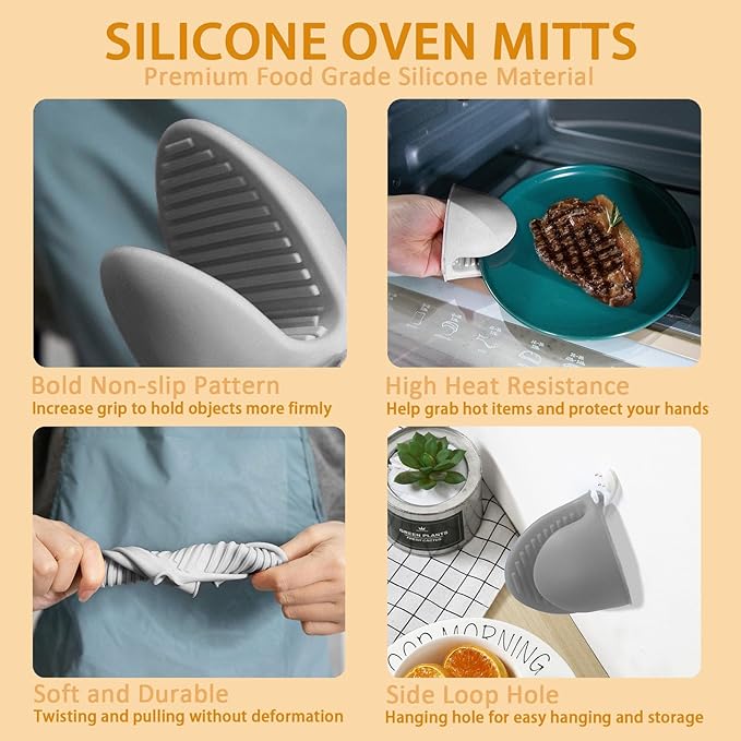 Pot Holders with Silicone Oven Gloves Pair, Non-Slip Heat Resistant Flexible Silicone Trivets, Oven Mitts and Trivets for Kitchen, Spoon Holder, Jar Opener, Green & Pink