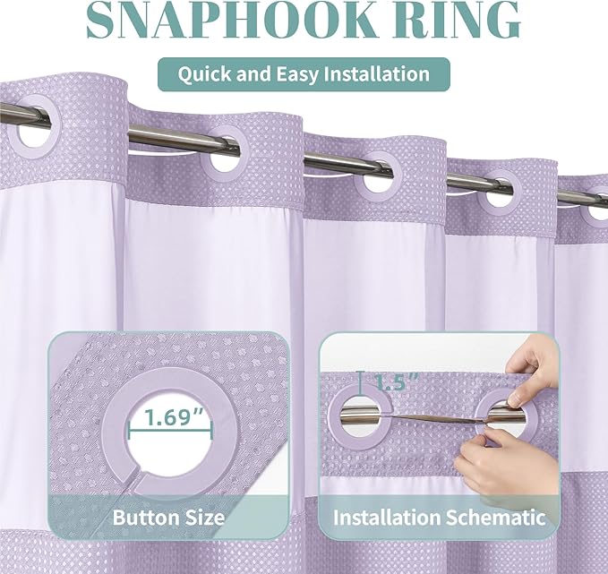 eachope Lavender No Hook Waffle Weave Shower Curtain with snap-in Liner Replacement, 230GSM Waterproof Fabric Hotel Shower Curtain Set for Bathroom, Through Mesh Top Window,54Wx80H