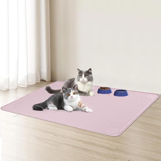 Bartuke Cat Food Mat, 40" x 28" Extra Large Silicone Pet Feeding Mat with Raised Edge Pet Placemat for Food and Water Bowl Non-Slip, Easy to Clean, Floor Protection (Pink)