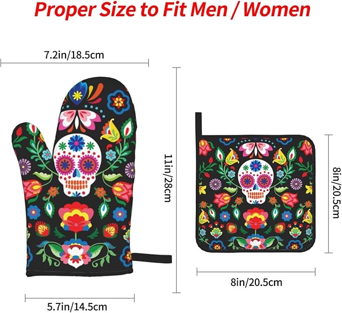 Mexican Skull Skeleton Floral Oven Mitts and Pot Holders Set of 4, Oven Mittens and Potholders Heat Resistant Gloves for Kitchen Cooking Baking Grilling BBQ