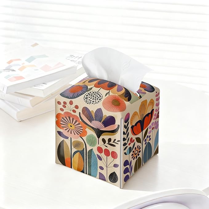 Scandinavian Boho Tissue Box Holder, Norwegian Folk Floral Leather Tissue Box Cover Square, Paper Napkins Everyday Dispenser for Bathroom Night Stands Kitchen Office Car Home Decor