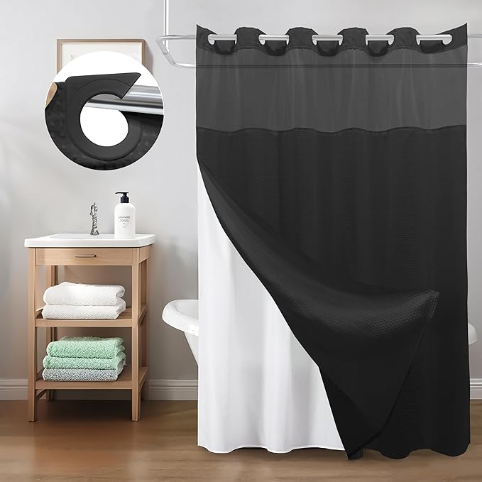 Inhousolu Long No Hook Shower Curtain with Snap in Fabric Liner Set Waffle Weave 230GSM Weighted Hem, Waterproof & Washable Bathroom Curtain Spa Luxury with Mesh Top Window 72" W x 78" L Black