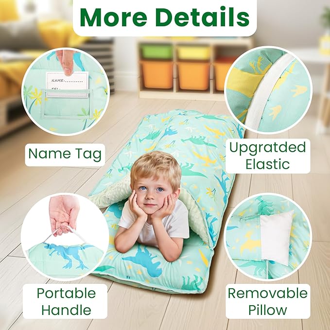 Beavtaens Toddler Nap Mat with Pillow and Minky Blanket, Large 55"x35" Sleeping Bag, Washable, Lightweight, Easy to Roll, Perfect for Preschool, Daycare, Kindergarten, Travel, Boys and Girls(Dinosaur)