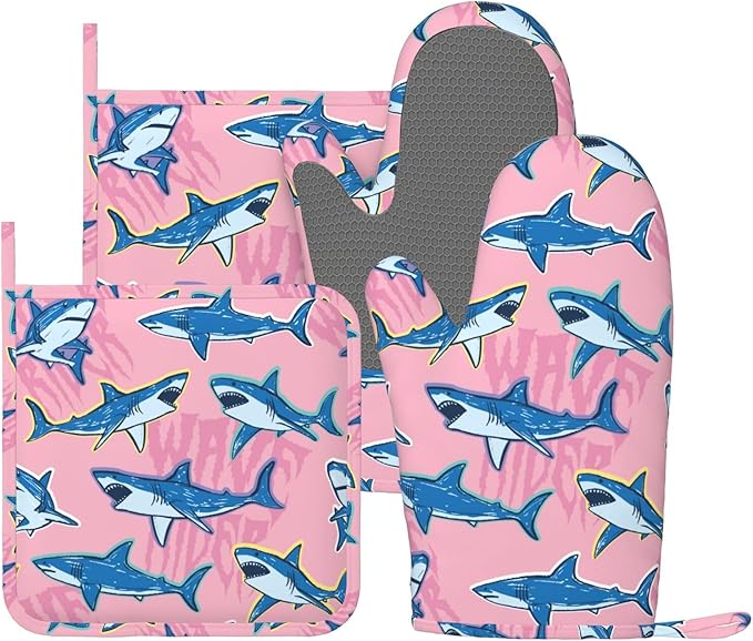 Funny Cartoon Shark Oven Mitts and Pot Holders Set of 4 Silicone Heat Resistant Oven Mitten Potholders Non Slip Gloves Kitchen Decor for BBQ Cooking Grilling Baking