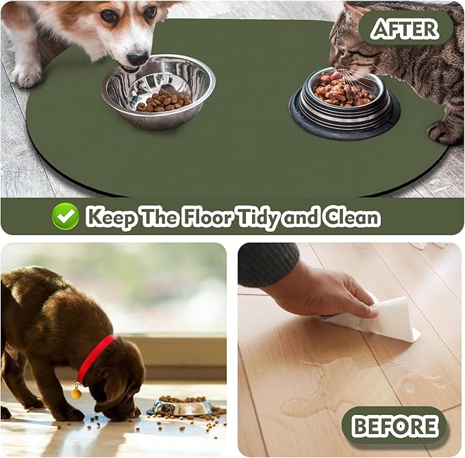 METEOROCK Pet Feeding Mat – 20''x12'' Absorbent Dog Food Mat, Pet Water Mats Protect Floor, No Stains Quick Dry Bowl Mats, Non-Slip Rubber Base Pets Placemats for Food and Water, Dark Green