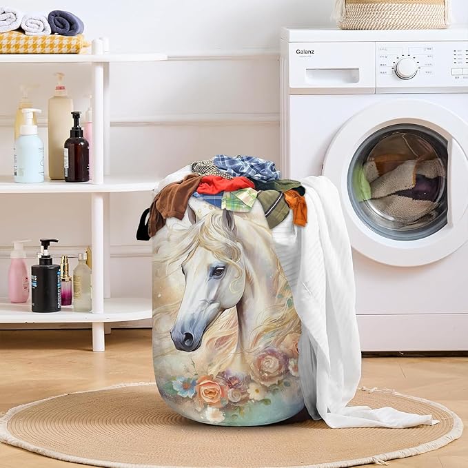 White Horse Flower Laundry Basket with Sturdy Handles, Glitter Floral Collapsible Oxford Cloth Laundry Hamper Organizer Basket for Bathroom Bedroom 15.7x20 Inch