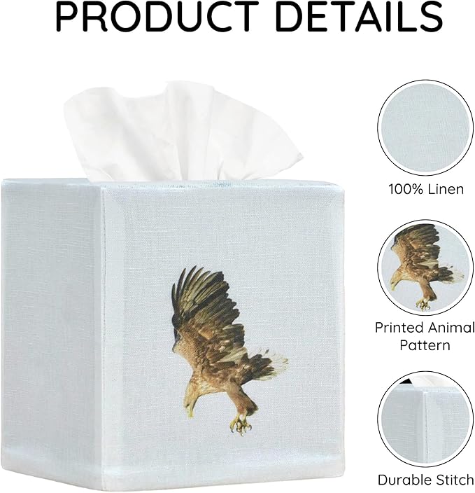 EmbroideryLinen.VN Tissue Box Cover Set of 2, Square Linen Tissue Holder, Printed Animal Pattern, 4.5x4.5x5.5 Inches, Decorative Holder for Bathroom, Living Room, Office (Eagle)