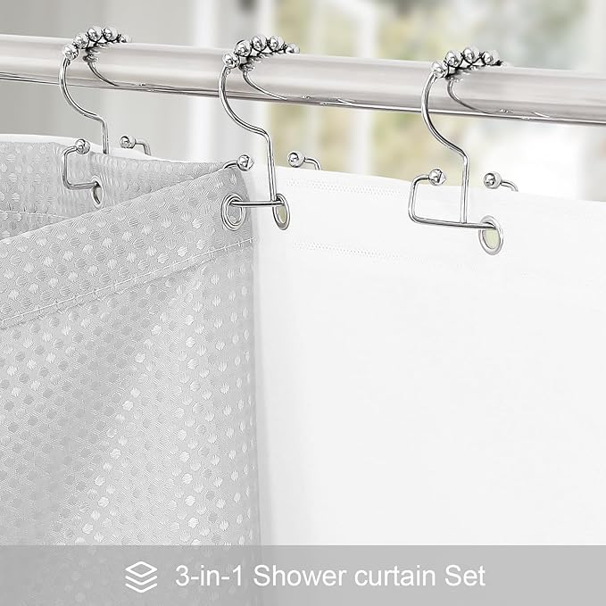 Craidlela 3 in 1 Shower Curtain Set, Light Grey Waffle Shower Curtain and PEVA Liner Set with 12 Stainless Steel Shower Curtain Hooks, Waterproof Shower Curtains for Bathroom, 72 W x 72 H