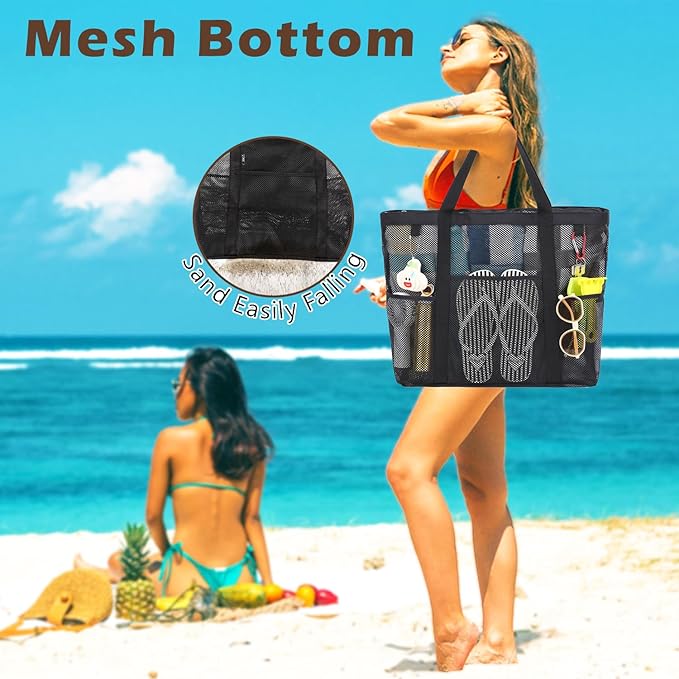 Fammart Mesh Beach Bag, Large Beach Tote with Zipper Pocket for Family Pool Bag for Toys & Vacation Essentials