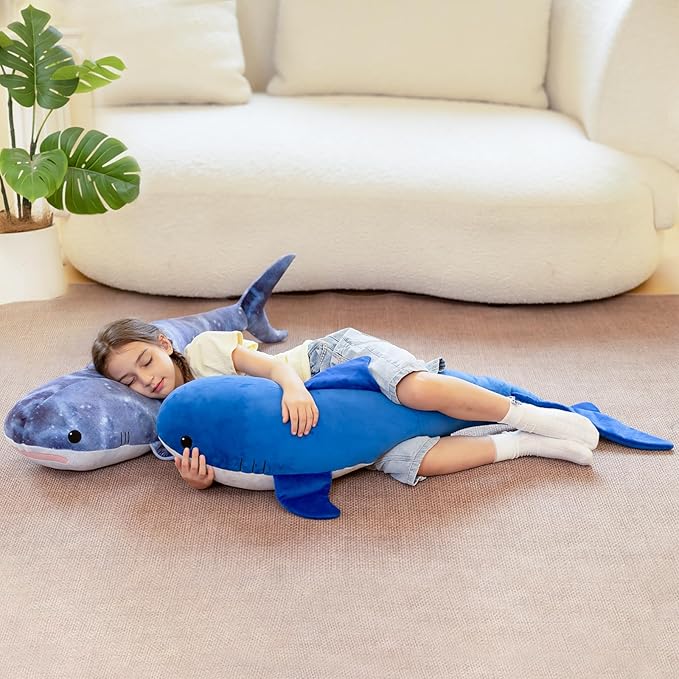 Tezituor 4ft Giant Whale Shark Stuffed Animal, S-Shape Stuffed Shark Plush Toy for Boys Girls, Hugging 47inches Soft Long Ocean Whale Shark Plush Body Pillow for Sleeping