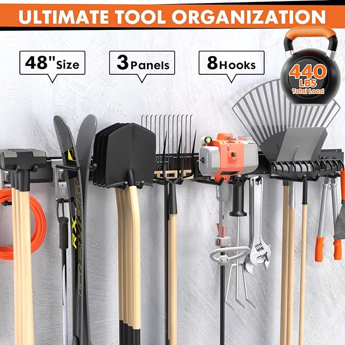 Lvoess 48" Garage Tool Organizer Wall Mount, 440lbs Heavy Duty Metal Storage Rack | Adjustable Hooks Garden Tool Organization System | Anti-Rust Shed Holder for Hanging Rake, Broom, Shovel, Snowboard