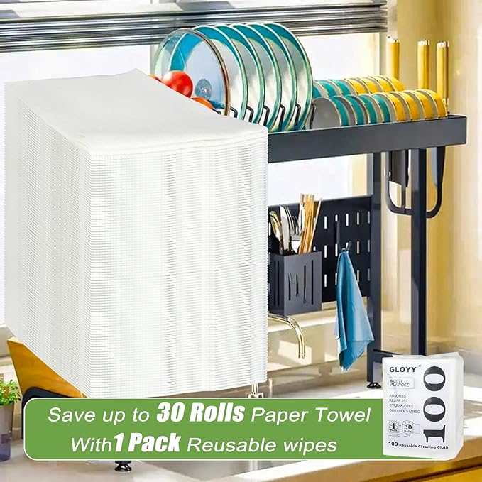 GLOYY Disposable Dish Cloth and Cleaning Handi Wipes, 100ct, Multi-Use Rags for Kitchen, Bathroom and Windows, White