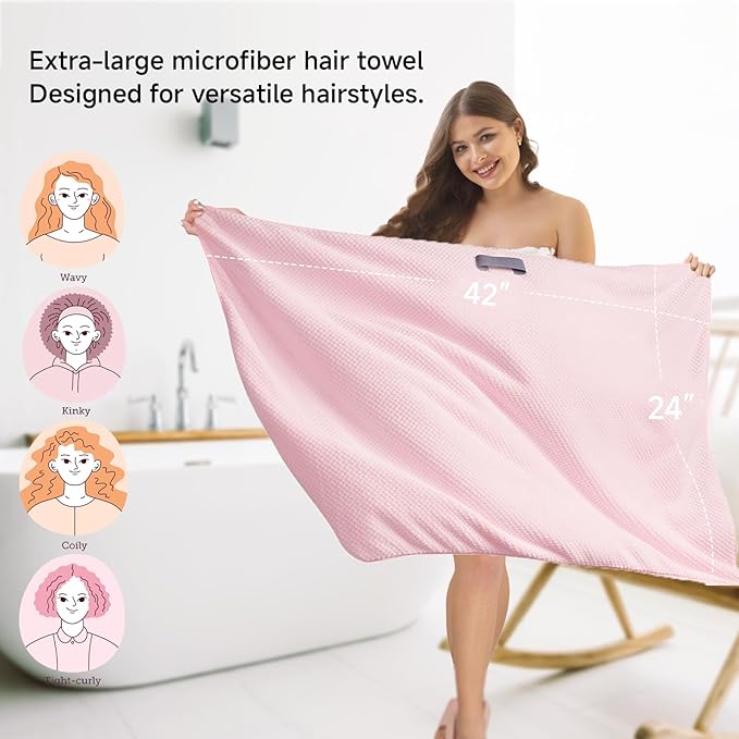 Large Microfiber Hair Towel for Women, gifts for women,Supper Soft Anti Frizz & Quick Dry for Curly Hair, Ultra Absorbent Hair Wrap Towels for Long,Thick,Wet Hair, Mom Gifts, 24x42 Inches(pink)