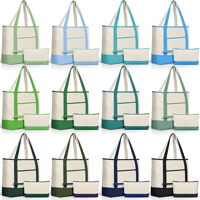 Sanwuta Canvas Tote Bags Bulk with Outer Pocket and Makeup Pouch 18'' Reusable Grocery Bags with Handles for Women Beach DIY