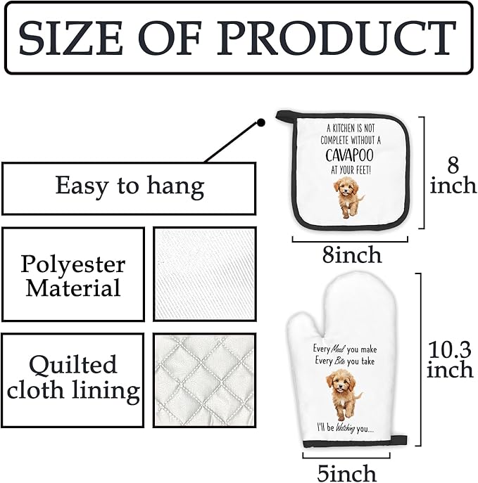 Cavapoo Gifts Dog Oven Mitts and Pot Holders Sets, Cavapoo Dog Gifts Dog Kitchen Accessories Sets, Complete Without a Cavapoo Dog Heat Resistant Oven Glove Potholders for Kitchen Baking