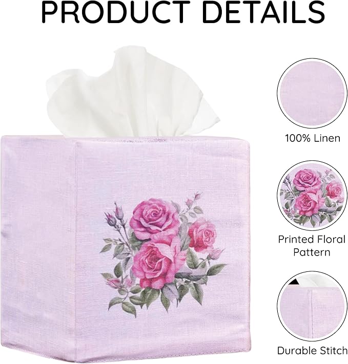 EmbroideryLinen.VN Tissue Box Cover Set of 2, Square Linen Tissue Holder, Printed Floral Design, 4.5x4.5x5.5 Inches, Decorative Holder for Bathroom, Living Room, Office (Rose)