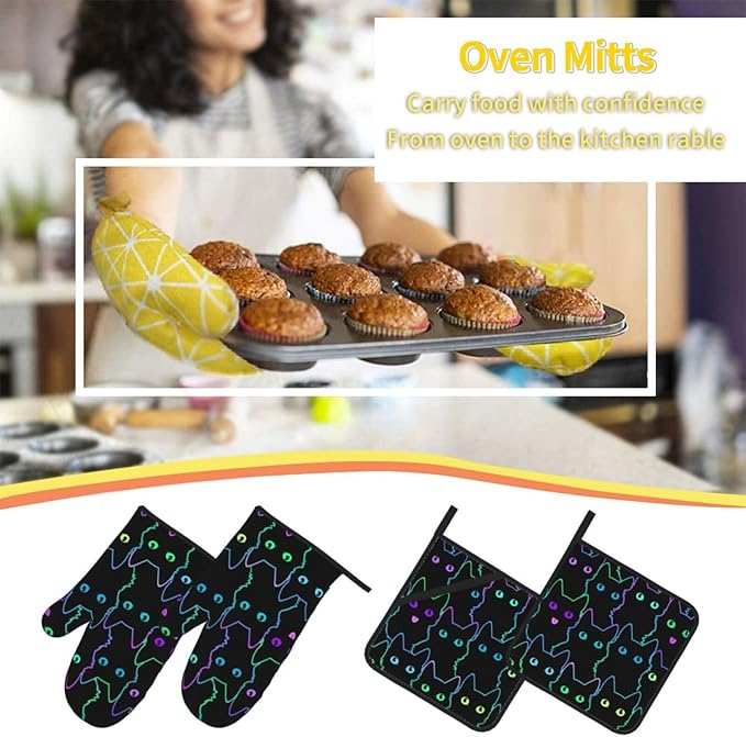 Cute Cat Silhouettes Oven Mitts and Pot Holders 4 Pcs Set Oven Gloves and Potholders for Cooking Microwave BBQ Baking Grilling