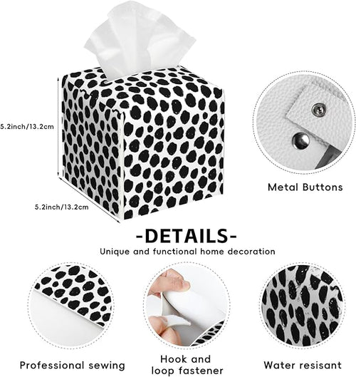 Abstract Black Dots Tissue Box Cover Square,Tissue Box Holder with Belt Bottom,Stylish Leather Napkin Holder for Vanity Countertop,Nightstands,Office Desk,5.2"×5.2"×5.2"