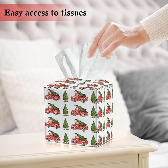 Red Car and Trees Tissue Box Cover, Christmas Leather Tissue Holders Decorative for Home Office Kitchen Bathroom Organizer, Square Facial Paper Organizer Christmas Table Decor -035