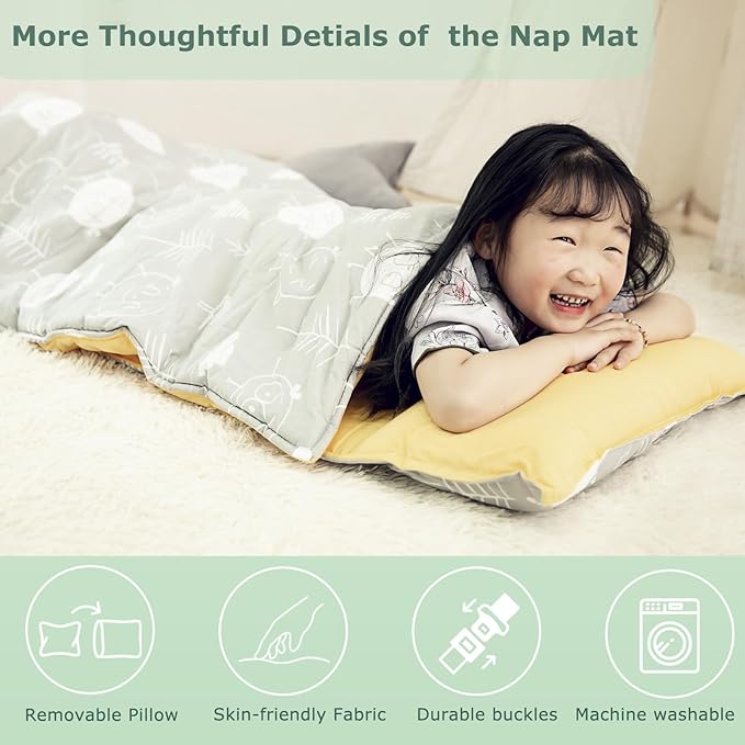 Hi Sprout Toddlers Nap Mat with Removable Pillow and Soft Blanket, Lightweight Daycare Preschool Kindergarten Sleeping Bag, Travel Slumber for Kids Girls Boys