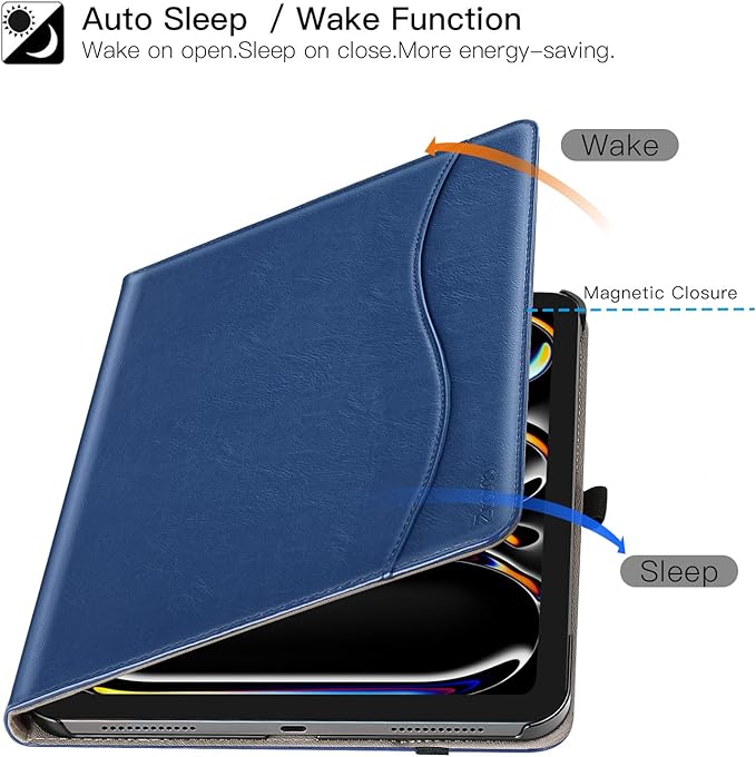 ZtotopCases for iPad Pro 11 Inch Case (M5) 2025/ (M4) 2024 - PU Leather Smart Cover, with Auto Wake/Sleep, Multiple View Angles, Hand Strap & Pocket - Navy Blue