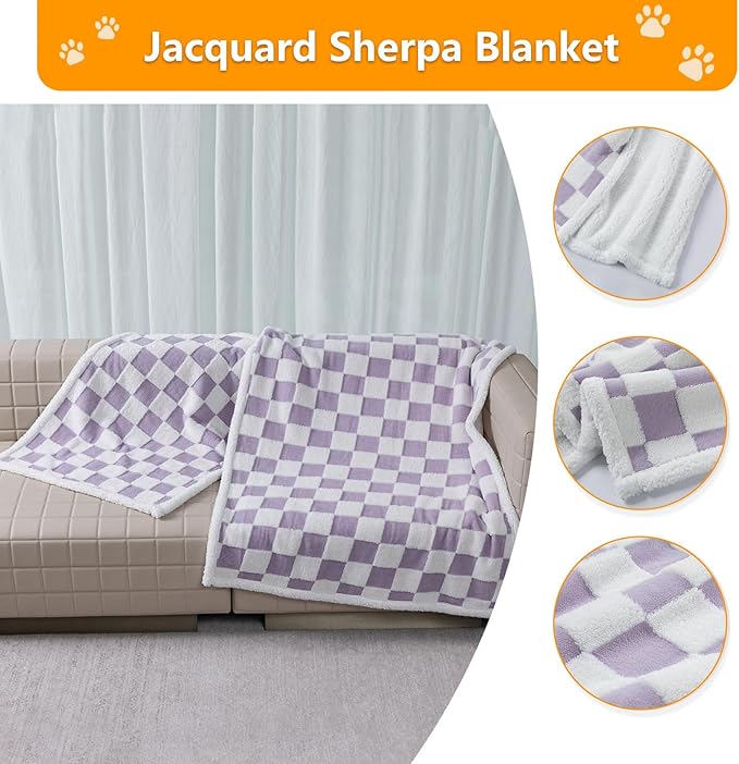 Waterproof Pet Blanket,Dog Bed Covers Small Throw for Puppy Cats Stylish Jacquard Pets Couch Sofa Furniture Protection Washable Reversible Covers (Purple Check,XS)