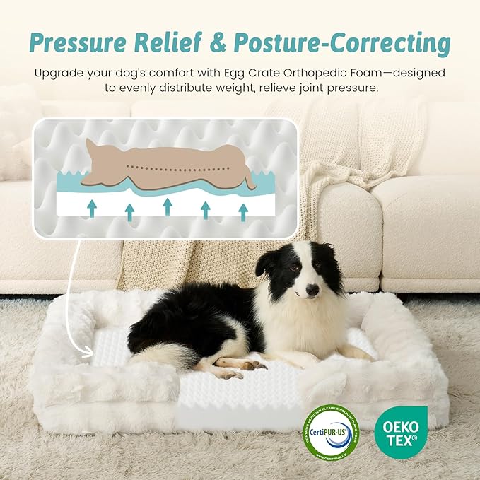COZY KISS Orthopedic Dog Bed for Large Size Dog, Soft and Warm Faux Fur Extra Large Sofa for Pet Up to 100 lbs, Foam Bolster Anti-Slip Couch with Washable Removable Cover, XL 44x32x7 inch, Beige