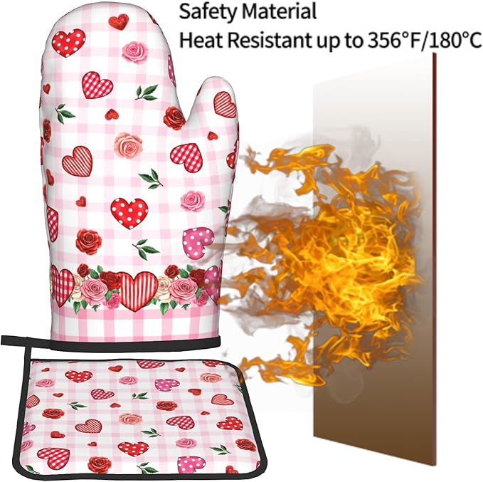 Mother’s Day Rose Flowers Kitchen Gloves Hot Pads Sets 2Pcs，Red Love Hearts Stripe Buffalo Plaid Heat Resistant Oven Gloves Pot Holders for Chef Cooking Baking Kitchen Decoration