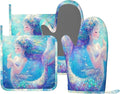 Oven Mitts Pot Holders Set Mermaid Childish Blue Sea Silicone Kitchen Gloves Potholders Heat Resistant for Chef Baking Cooking Grilling BBQ 4 Pack Mitt