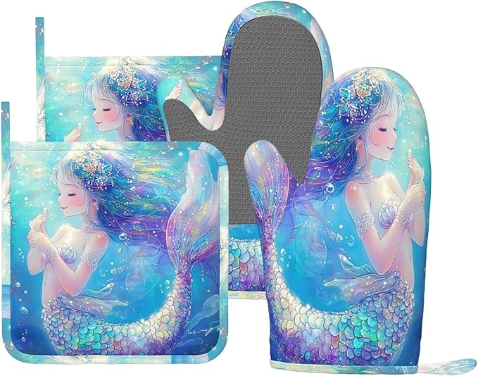 Oven Mitts Pot Holders Set Mermaid Childish Blue Sea Silicone Kitchen Gloves Potholders Heat Resistant for Chef Baking Cooking Grilling BBQ 4 Pack Mitt