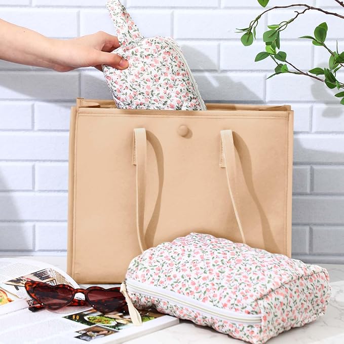 Paterr Makeup Bag Set 3 Pcs Large Quilted Cotton Make up Bags for Women Cosmetic Travel Toiletry Organizer Pouch Cute Aesthetic Storage Purse(Pink,Pink Floral)