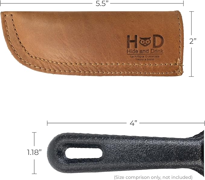 Hide & Drink, Hot Handle, Cast Iron Protector, Panhandle Potholder, Double Layered, Double Stitched, Slides On/Off Easily onto Metal Skillet Grips, Full Grain Leather, Handmade (Cafe Con Leche)