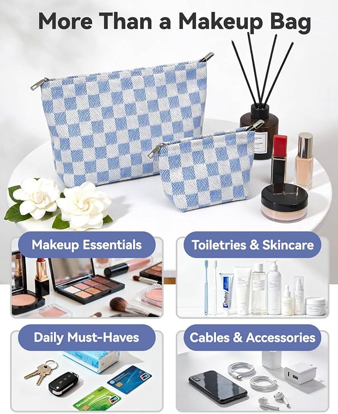 fahombag 2 Pcs Checkered Makeup Bag Set Canvas Cosmetic Pouch for Women Large & Small Cute Preppy Aesthetic Travel Toiletry Pouch Organizer for Purse Skincare Brushes, Blue And White
