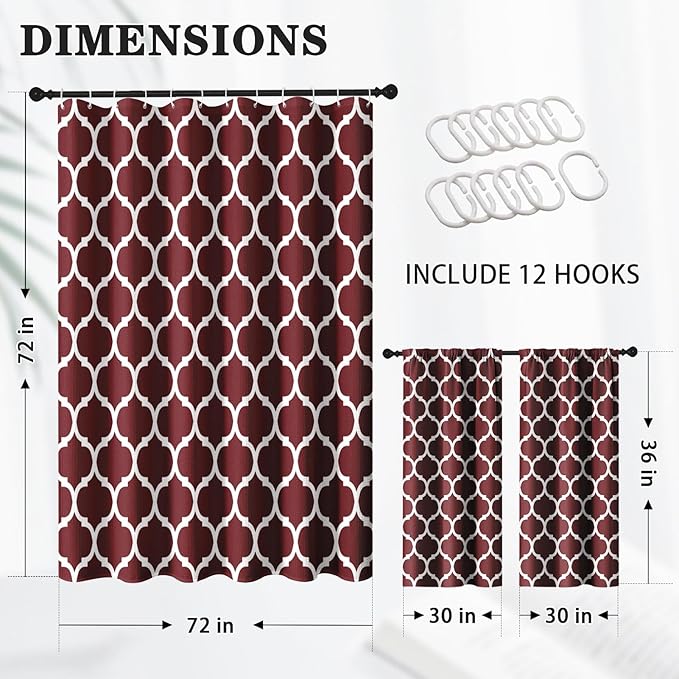 Culudea Quatrefoil Moroccan Burgundy Waffle Cloth Shower Curtain Set, Clover Grid Geometric Plaid Christmas Red Bathroom Window Waterproof Shower Curtains for Bathroom Decor