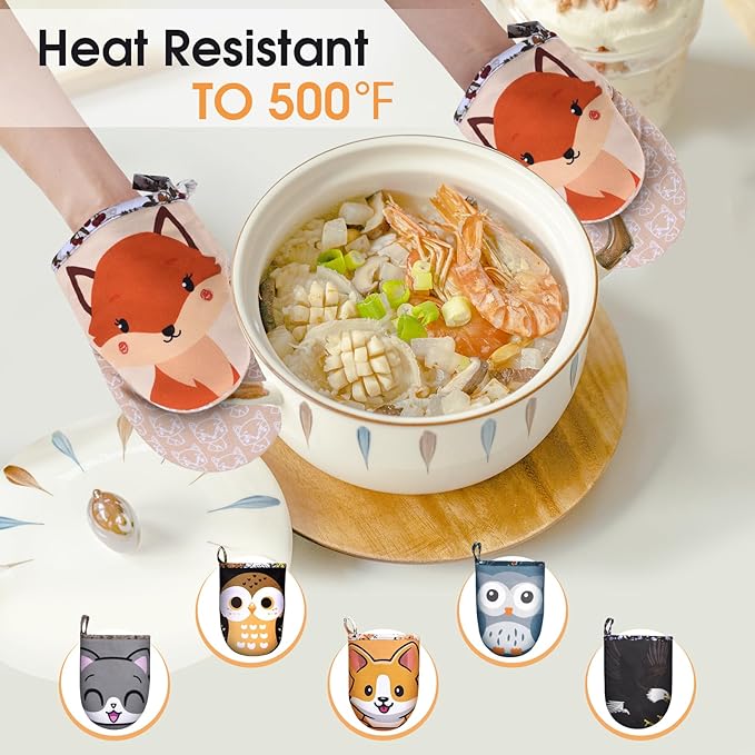 Mini Oven Mitts Cute,Silicone Oven Mitts Heat Resistant 500℉ with Non-Slip Grip and Soft Quilted Cotton Lining for Kitchen Cooking and Baking. Machine Washable-Fox